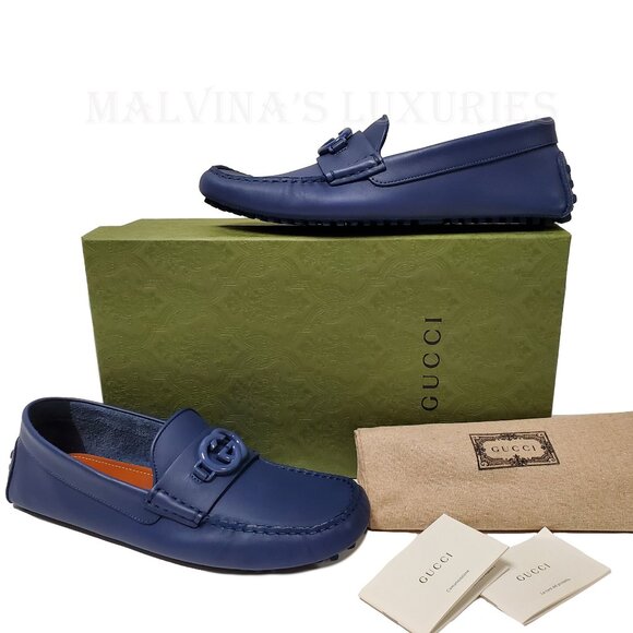 GUCCI SHOES MENS LOAFERS MOCCASINS G LOGO BLUE LEATHER - Picture 2 of 16